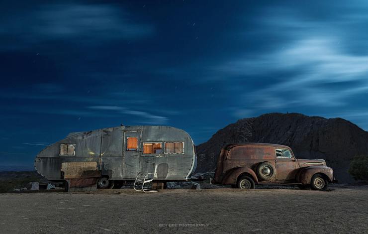 Photo de nuit, ville fantôme de Nelson, Nevada